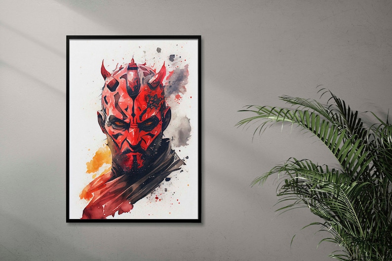 May include: A watercolour painting of Darth Maul, a character from the Star Wars franchise. He is depicted with his signature red and black face paint and horns. The background is a light wash of colour.