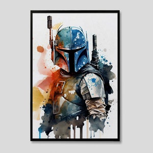 Puede incluir: Una pintura de acuarela de un personaje de Star Wars, Boba Fett, con un casco y armadura azules y verdes. El fondo es una acuarela de color naranja, amarillo y azul.