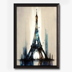 Puede incluir: Una pintura de acuarela de la Torre Eiffel en París, Francia. La torre está representada en tonos de azul y negro, sobre un fondo marrón claro. La pintura tiene una sensación suave y de ensueño.