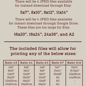 May include: A chart showing different aspect ratios and their corresponding print sizes in inches and centimetres. The chart includes ratios 4:5, 3:4, 2:3, 5:7, and 11:14. The chart is titled "FILES INCLUDED: The included files will allow for printing any of the below sizes:"