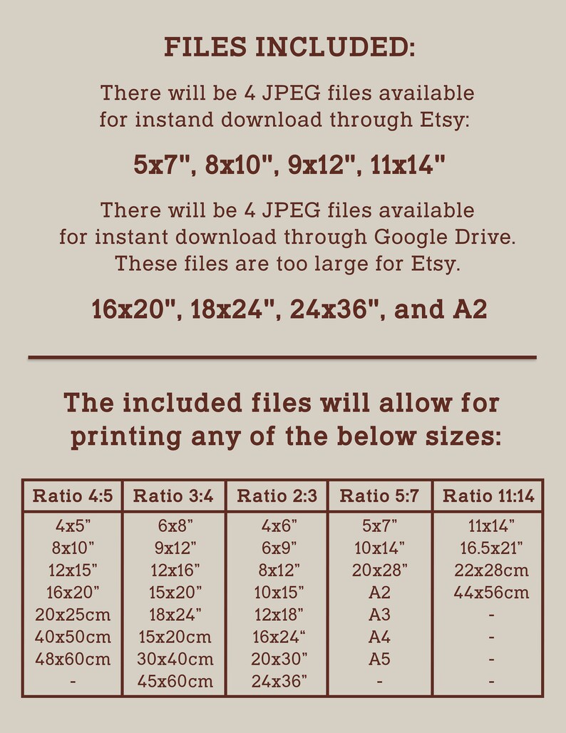 May include: A chart showing different aspect ratios and their corresponding print sizes in inches and centimetres. The chart includes ratios 4:5, 3:4, 2:3, 5:7, and 11:14. The chart is titled "FILES INCLUDED: The included files will allow for printing any of the below sizes:"
