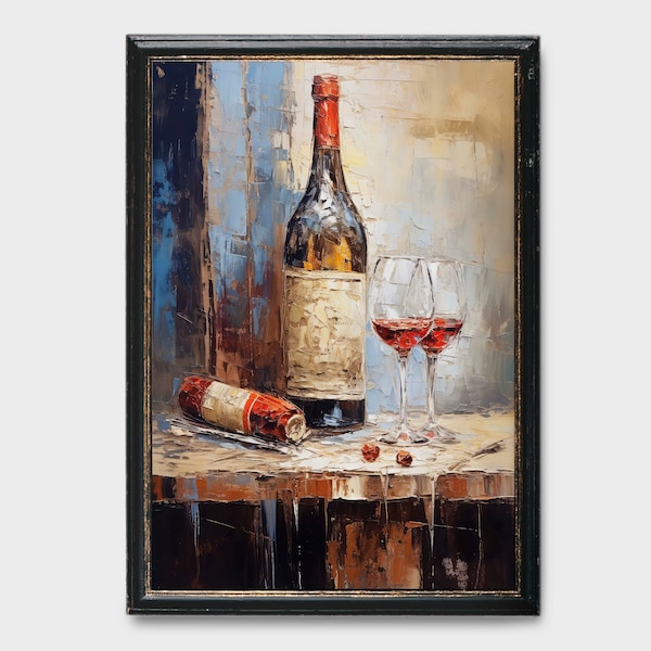 Vintage Wine Painting of Wine Bottle, Vintage Water Color Painting, Wine Oil Painting, Wine Bottle Painting, Latte Art, Red Wine Painting
