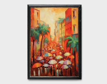 Puede incluir: Una pintura colorida de una escena callejera con personas caminando bajo paraguas. Los edificios están pintados en tonos de rojo, naranja y amarillo, y el cielo es de un azul brillante. Las palmeras bordean la calle, y las personas visten una variedad de colores.
