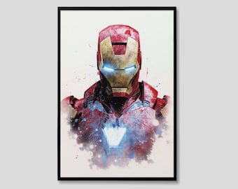 アベンジャーズ アイアンマン マーベル 水彩画 アートプリント、アイアンマン マーベル 絵画、ウォールアート ポスター、オリジナルアートワーク、マーベル スーパーヒーロー デジタルプリント