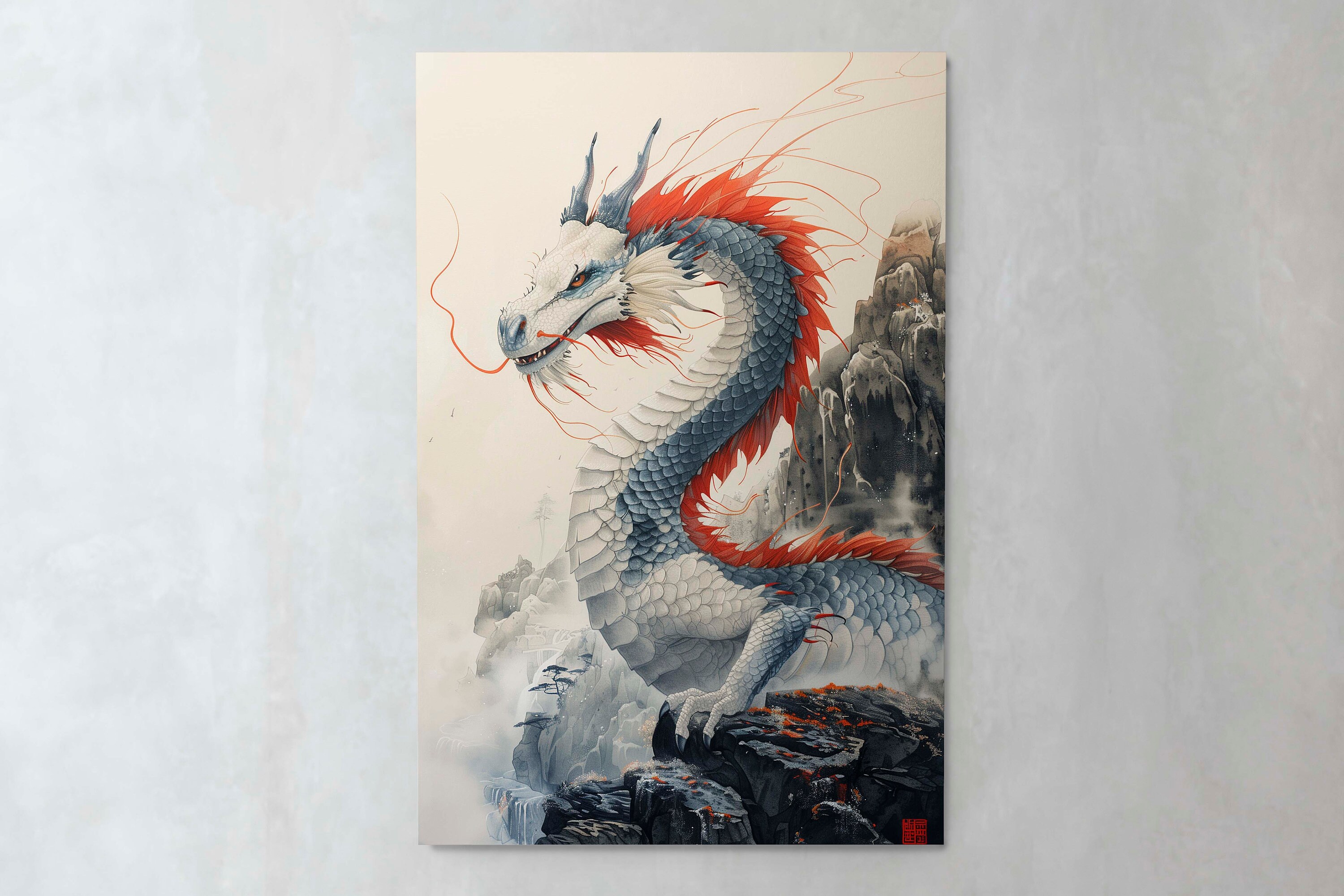 Vintage Dragon Landscape Art Print: White Dragon Painting (digital
