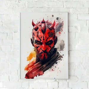May include: A watercolour painting of Darth Maul, a character from Star Wars, with a red and black face and horns. The background is a light yellow and white with splatters of red and black paint.