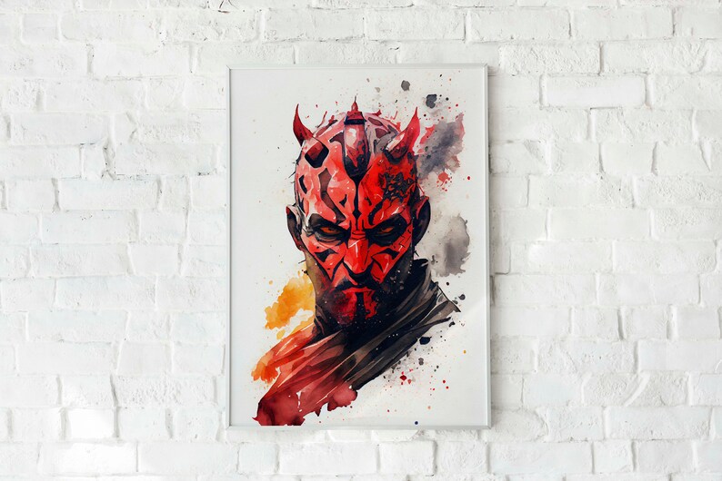 May include: A watercolour painting of Darth Maul, a character from Star Wars, with a red and black face and horns. The background is a light yellow and white with splatters of red and black paint.