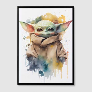 Grogu (Baby Yoda) Star Wars acuarela arte impresión, Grogu (Yoda) Star Wars pintura pared arte cartel, obra de arte original, impresión digital de Star Wars