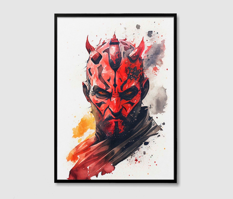 May include: A watercolour painting of Darth Maul, a character from Star Wars, with a red and black mask and horns. The background is a white canvas with splashes of red, orange and black paint.