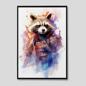 Marvel Rocket Raccoon acuarela arte impresión, Marvel Rocket Raccoon pintura pared arte cartel, obra de arte original, Marvel Guardianes de la Galaxia