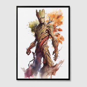 Groot Marvel acuarela arte impresión, Groot Marvel pintura pared arte cartel, obra de arte original, Marvel superhéroe guardianes del arte de la galaxia