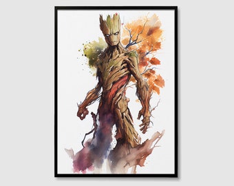 グルート マーベル 水彩画 アートプリント、グルート マーベル 絵画 ウォールアート ポスター、オリジナルアートワーク、マーベル スーパーヒーロー ガーディアンズ オブ ザ ギャラクシー アート