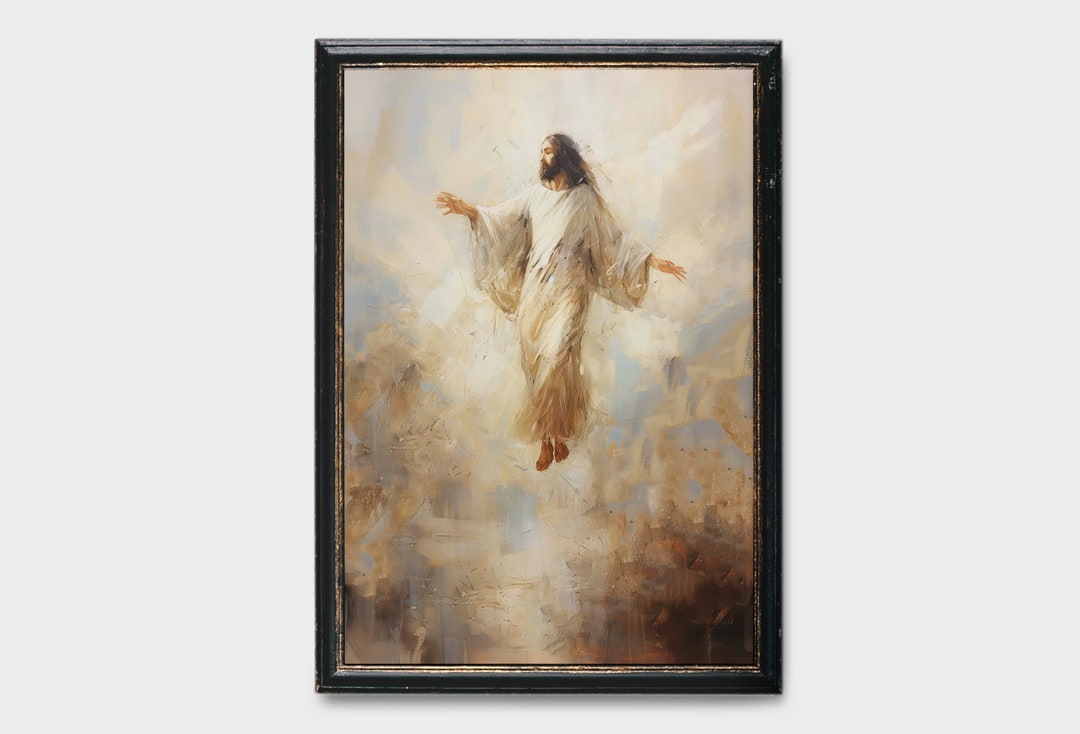 Vintage Painting Jesus Ascending to Heaven, Miracle Painting, Ascending