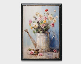 Vintage Watering Can Painting, Vintage Water Color Painting, Watering Can Oil Painting, Flower Watering Can Art, Flower Painting