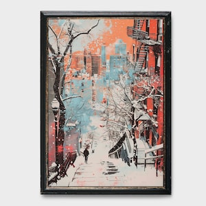 Vintage Boston Painting of Buildings, Boston Winter Painting, Boston Oil Painting, Cityscape Painting, Buildings in Winter Painting