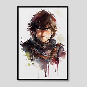 Puede incluir: Retrato en acuarela de un joven con cabello castaño y pecas, enmarcado en negro. Viste un atuendo oscuro con correas de cuero y una expresión decidida. La obra presenta una mezcla de salpicaduras de acuarela marrón, roja y verde.