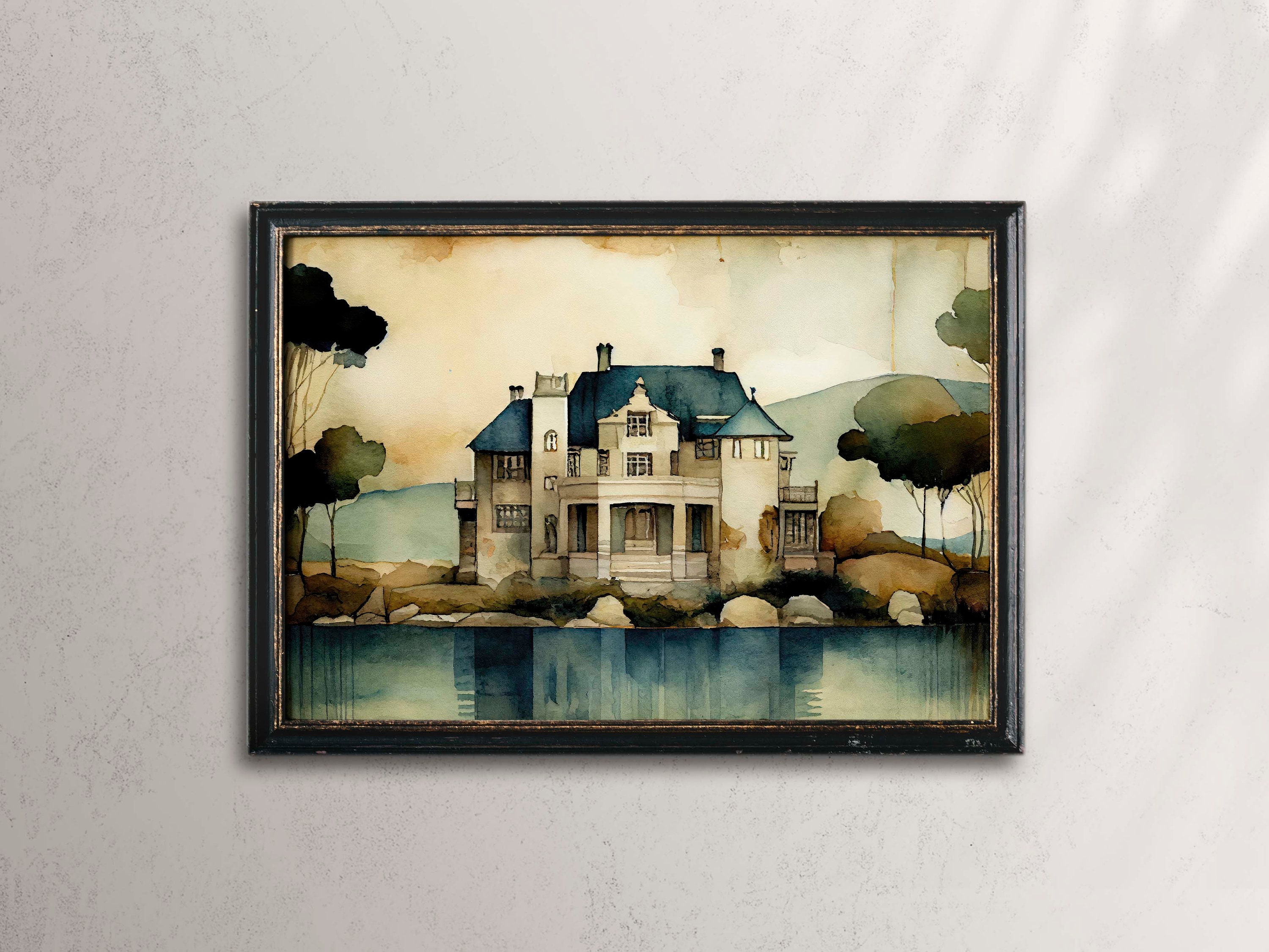 Vintage Painting of a Mansion, Mansion Watercolor Painting, Mansion Oil ...