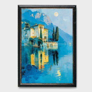 ヴィンテージイタリア宮殿の水彩画：海岸沿いの街並み（デジタルダウンロード）
