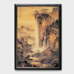Vintage schilderij van Japans landschap, vintage waterverfschilderij, Japans olieverfschilderij, Japans schilderij, mooi Aziatisch schilderij