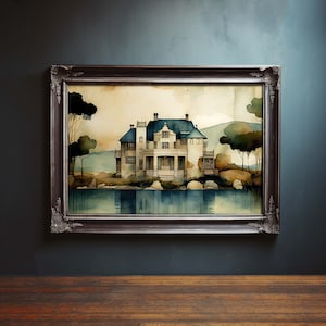 Vintage Painting of a Mansion, Mansion Watercolor Painting, Mansion Oil Painting, House Landscape Painting, House Painting, Digital Download