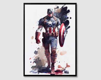 キャプテン・アメリカ アベンジャーズ 水彩画アートプリント、キャプテン・アメリカ アベンジャーズ 絵画 ウォールアート ポスター オリジナルアートワーク、マーベル ヒーロー デジタルプリント