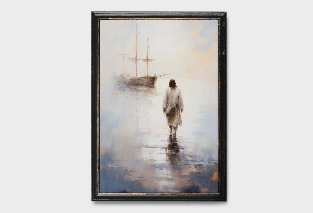 Vintage Painting Jesus Walking on Water, Miracle Painting, Walking on