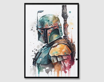 Boba Fett Star Wars Watercolor Art Print, Boba Fett Star Wars Painting Wall Art Poster, Original Artwork, Star Wars Digital Print