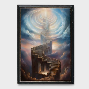Vintage Painting of Stairway to Heaven, Vintage Water Color Painting, Stairway to Heaven Painting, Landscape Painting, Bible Painting