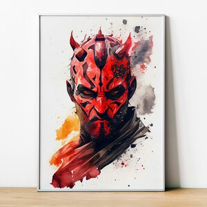 May include: A watercolour painting of Darth Maul, a character from Star Wars, with a red and black mask and horns. The background is a white canvas with splashes of yellow, orange, and grey paint.