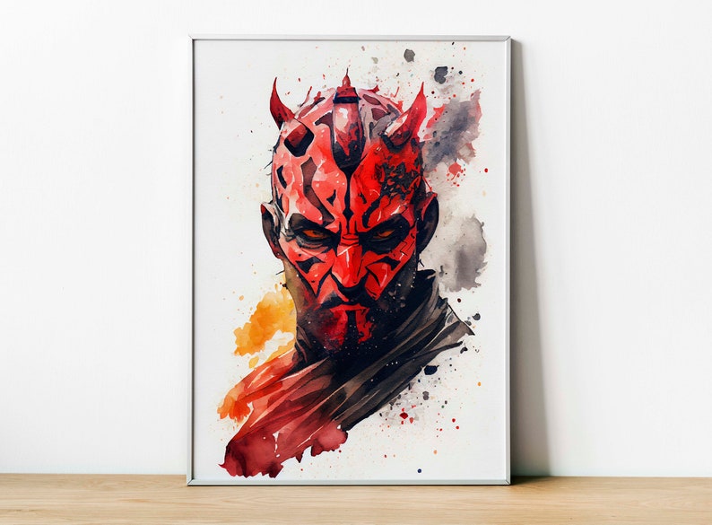 May include: A watercolour painting of Darth Maul, a character from Star Wars, with a red and black mask and horns. The background is a white canvas with splashes of yellow, orange, and grey paint.