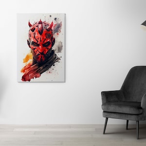May include: A watercolour painting of Darth Maul, a character from the Star Wars franchise. He is depicted with his signature red and black face paint and horns. The background is a splash of orange and yellow watercolour.