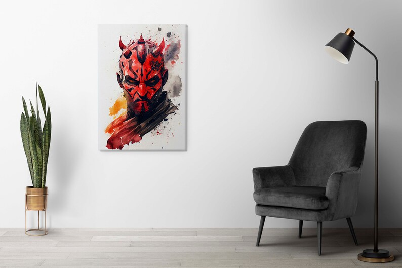 May include: A watercolour painting of Darth Maul, a character from the Star Wars franchise. He is depicted with his signature red and black face paint and horns. The background is a splash of orange and yellow watercolour.