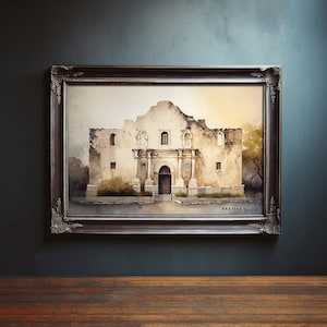 Vintage Painting The Alamo in San Antonio Texas, The Alamo Painting, The Alamo Oil Painting, Texas Oil Painting of The Alamo, Digital Art