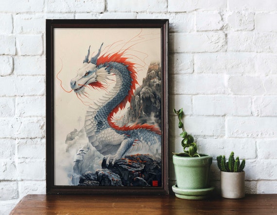 Vintage Dragon Landscape Art Print: White Dragon Painting (digital