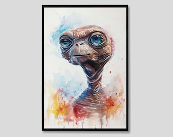 E.T. A impressão artística em aquarela extraterrestre, E.T. A pintura extraterrestre, arte de parede pôster arte original, impressão de arte dos anos 80
