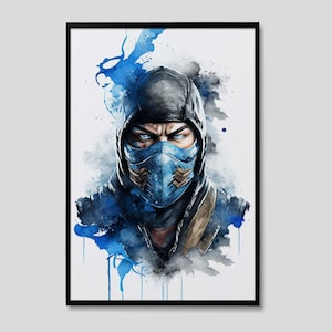 Op de afbeelding: Een aquarel schilderij van een personage met een blauw masker en een zwarte capuchonjas. De achtergrond is een wit canvas met blauwe aquarel spatten.
