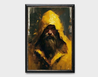 Vintage Coastal Painting of Fisherman, Vintage Water Color Painting, Fisherman Oil Painting, Rain Coat Painting, Yellow Jacket Painting
