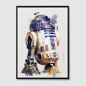 Könnte beinhalten: Ein Aquarellbild von R2-D2, einem fiktiven Roboter aus dem Star Wars-Franchise. Der Roboter ist in einem blau-weißen Farbschema mit gelbem Hintergrund dargestellt.