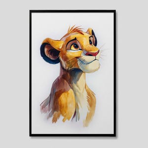 Puede incluir: Pintura a la acuarela de un cachorro de león en un marco negro. El cachorro tiene pelaje dorado, una nariz rosada y una expresión pensativa. La obra de arte está sobre un fondo blanco, con la cabeza y los hombros del cachorro visibles.