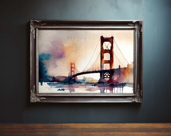 Vintage San Francisco, Vintage Golden Gate Bridge Water Color Painting, Oil Painting, Landscape Painting, Cityscape Painting, PRINTABLE