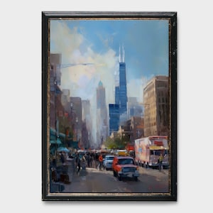 Vintage Chicago Painting, Chicago Water Color Painting, Chicago Oil Painting, Willis Tower Painting, Cityscape Painting, Willis Tower Art