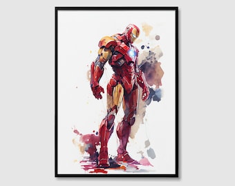 アベンジャーズ アイアンマン マーベル 水彩画 アートプリント、アイアンマン マーベル 絵画、ウォールアートポスター、アートワーク、マーベル スーパーヒーロー デジタルプリント