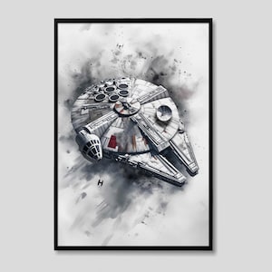 May include: Framed artwork depicting the Millennium Falcon starship. The image is mainly grey and white, with red details and a black frame. The artwork has a watercolour effect, with a smoky background.
