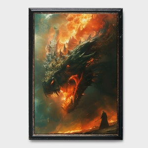 Vintage Fire Breathing Dragon Painting, Dragon Water Color Painting, Dragon Oil Painting, Landscape Year of the Dragon Painting, Dragon Art