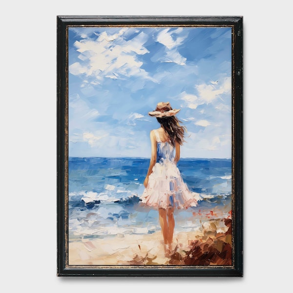 Vintage Painting Woman at the Beach, Vintage Water Color Painting, Beach Oil Painting, Woman Painting, Beautiful Woman Painting