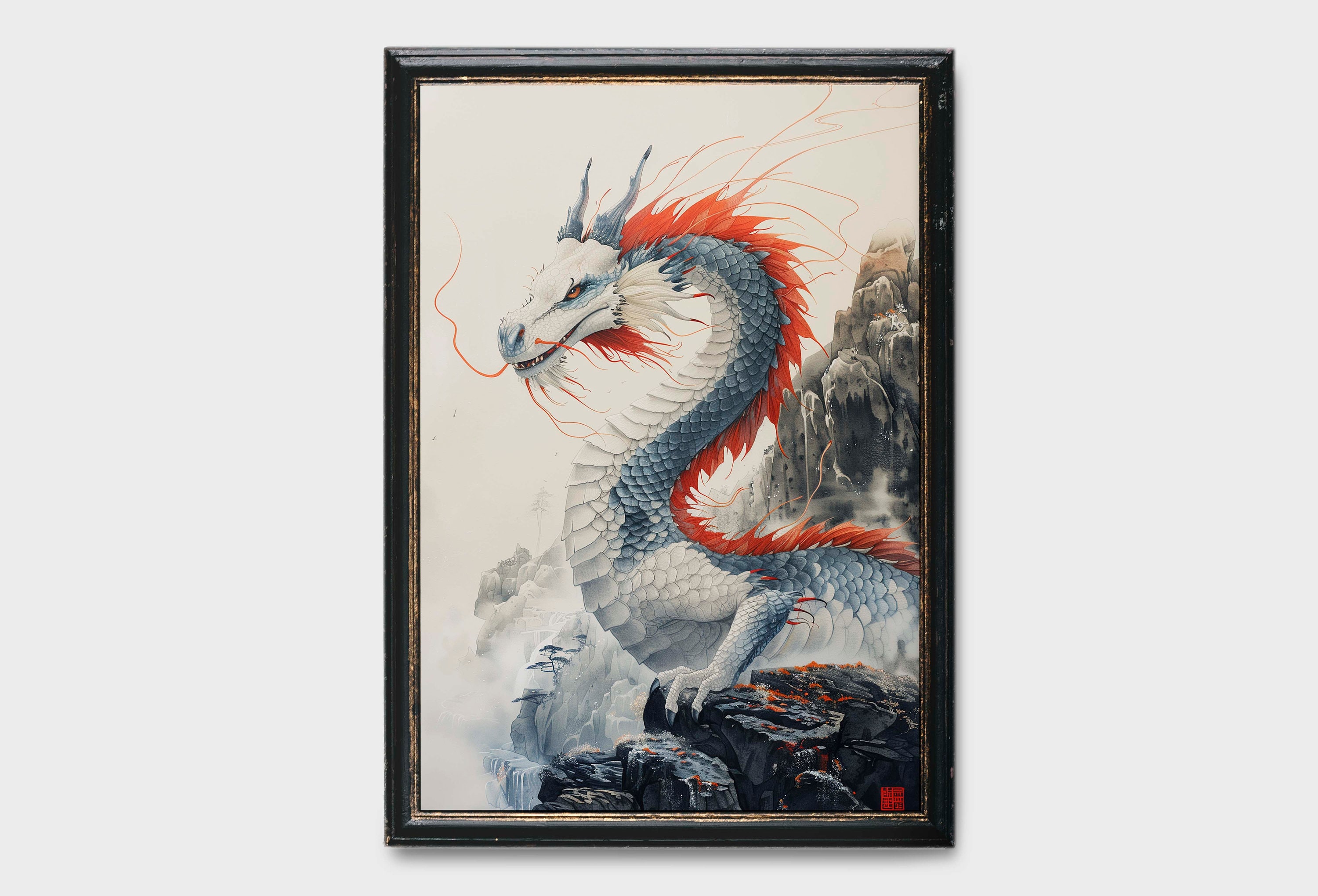 Vintage Dragon Landscape Art Print: White Dragon Painting (digital