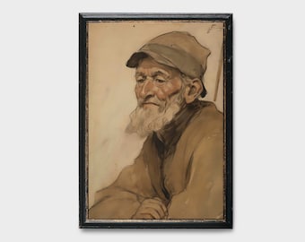 Vintage Coastal Painting of Fisherman, Vintage Water Color Painting, Fisherman Oil Painting, Home Decor, Painting Printable Digital Download