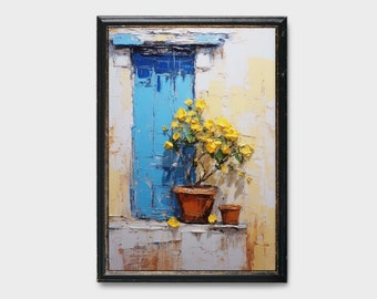 Pode incluir: Uma pintura de uma porta azul com um arbusto de flores amarelas em um vaso de terracota na frente dela. A porta está parcialmente aberta e a parede atrás dela é pintada de amarelo claro.