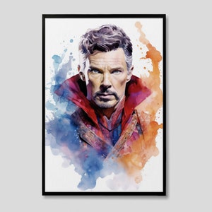 May include: A watercolour painting of Doctor Strange, a superhero from the Marvel Cinematic Universe. He is wearing his signature red and blue cloak with a golden pattern. The background is a mix of blue and orange watercolour washes.
