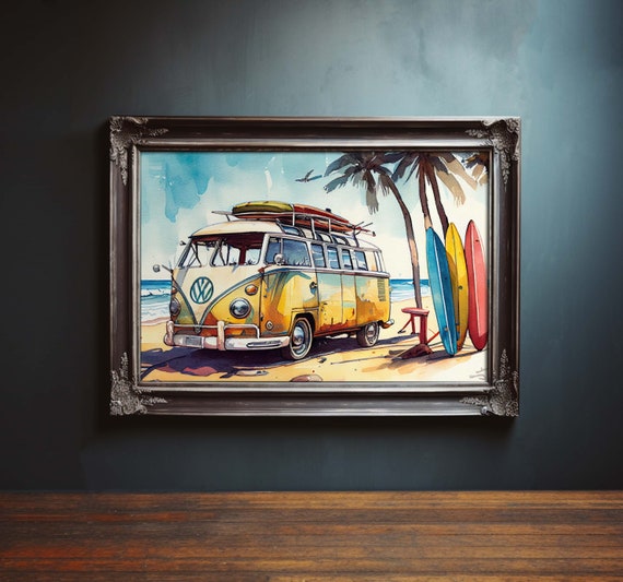 Vintage Landscape Painting Surf Bus, Vintage Volkswagen Water